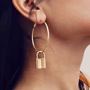 Gold Color Lock Pendant Hoop Earrings